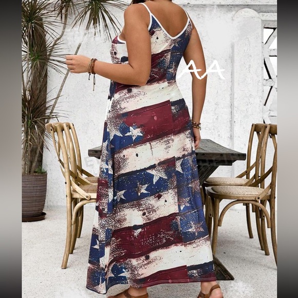 Plus Size Spaghetti Strap stars Stripes Sleeveless Tank Top Maxi Dress Pockets - Picture 4 of 4